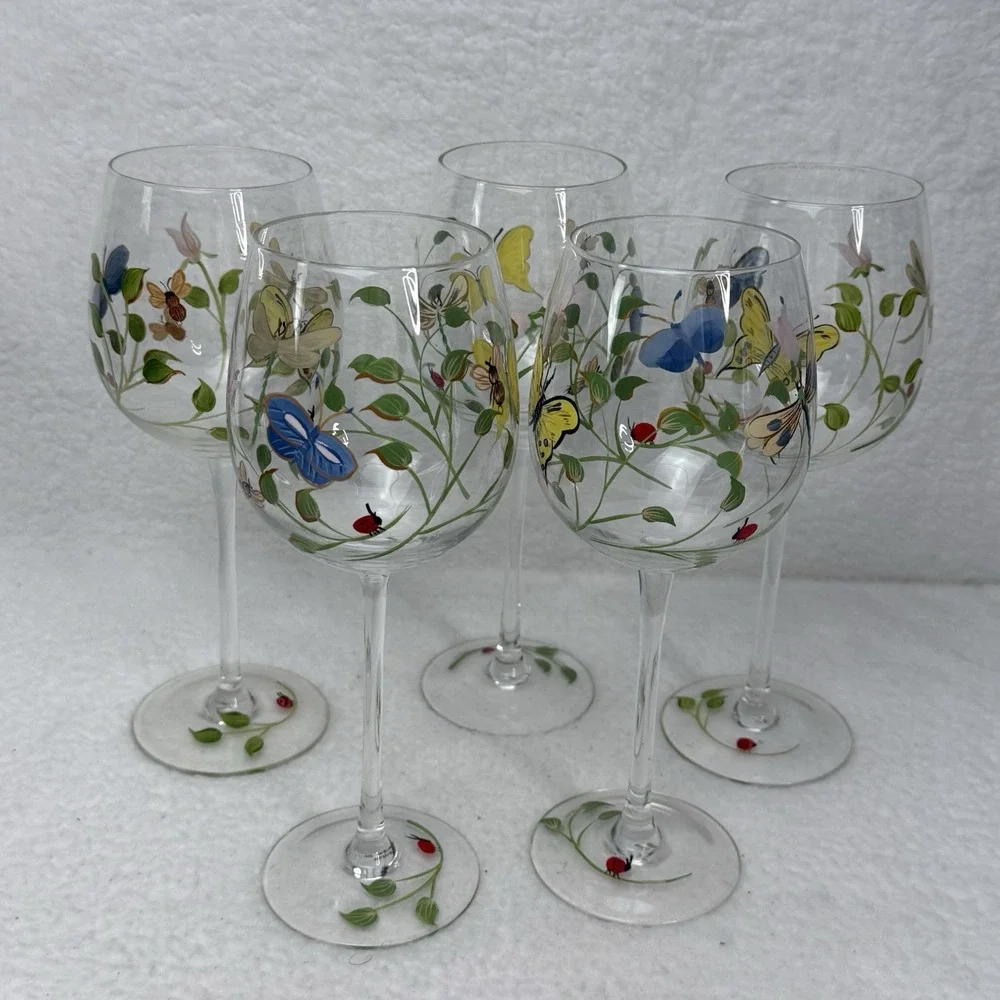 Lenox Butterfly Meadow Hand Painted Wine Glasses Water Goblets Set Of 5